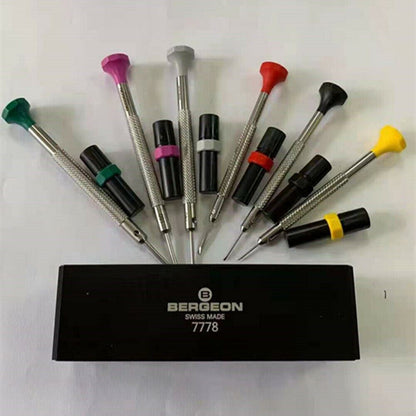 Bergeon 7778 precision 6-piece watch screwdriver set with spare blades and organized stand for repair tasks