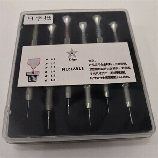 Stainless steel watch bracelet adjusting tool with 6 sizes, precision screwdriver for watch repair.
