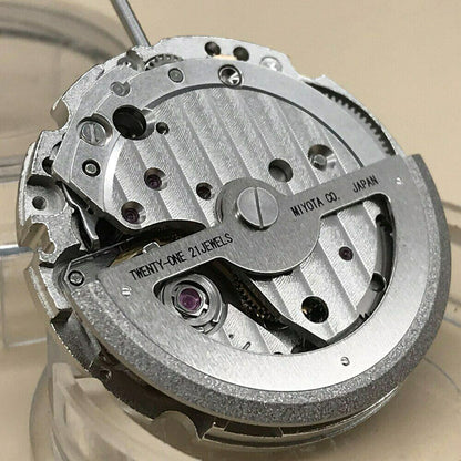 Japan Original MIYOTA 820A automatic watch movement showing mechanical day and date display by Miyota brand.