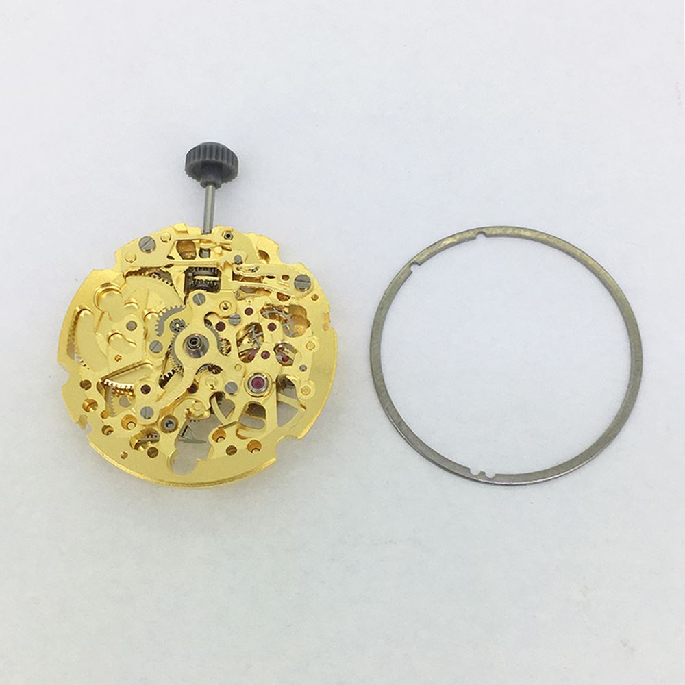 Miyota 8N24 golden automatic skeleton watch movement by Japan Made, highlighting intricate mechanical details and precision.