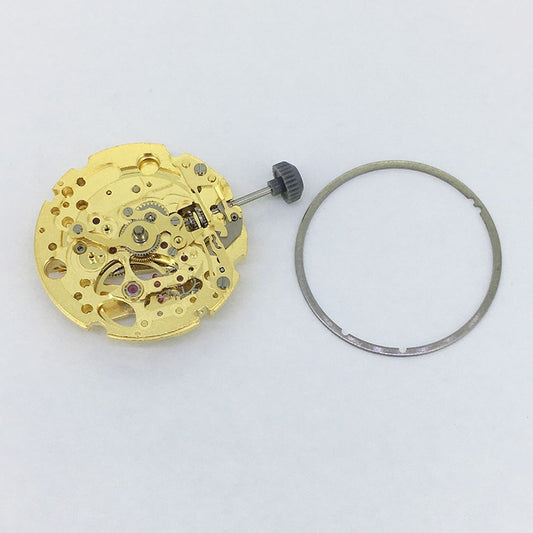 Golden plated Miyota/Citizen 82S5 automatic watch movement, precision Japanese mechanical design.