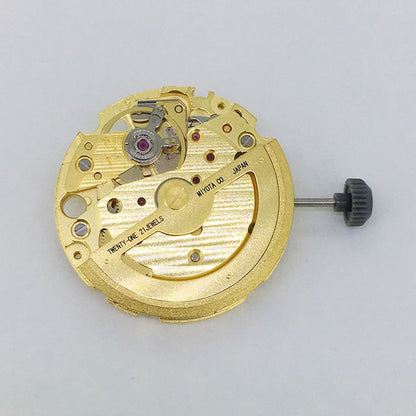 Golden plated Miyota/Citizen 82S5 automatic watch movement showcasing precision Japanese mechanical craftsmanship.