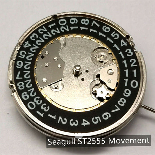 New China Made ST25 Seagull ST2555 automatic watch movement with widened white dial for precise timekeeping.