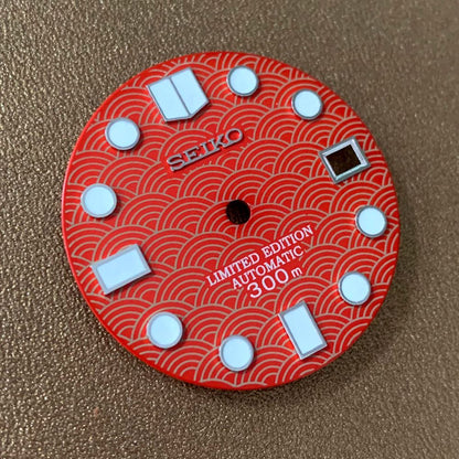 28.50mm green luminous watch dial by #0321, designed for NH35 movement in custom watch builds.