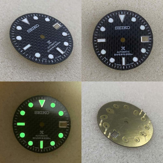 29mm green luminous carbon fibre watch dial by NH35, ideal for custom mechanical watch builds.