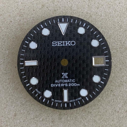29mm green luminous carbon fibre watch dial by NH35, ideal for custom mechanical watch builds.