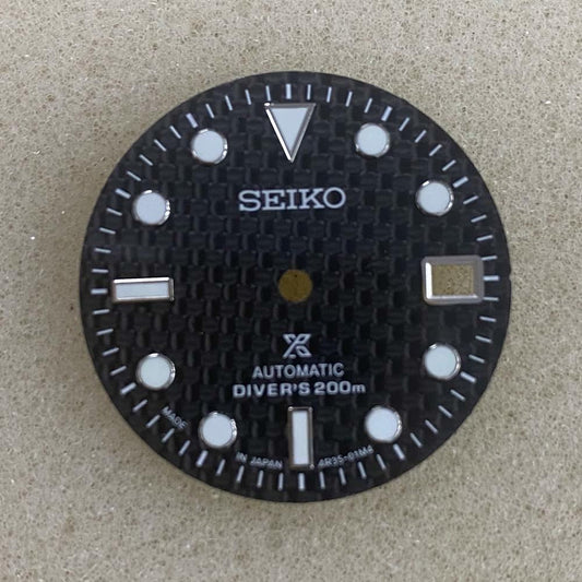 29mm green luminous carbon fibre watch dial by NH35, ideal for custom mechanical watch builds.