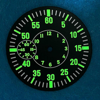 38.8mm LK89 black flight watch dial with green luminous markers for ETA6497 ST3600 movements