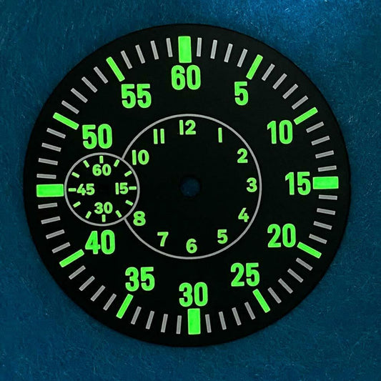 38.8mm LK89 black flight watch dial with green luminous markers for ETA6497 ST3600 movements