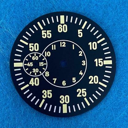 38.8mm LK89 black flight watch dial with green luminous markers for ETA6497 ST3600 movement by LK89.