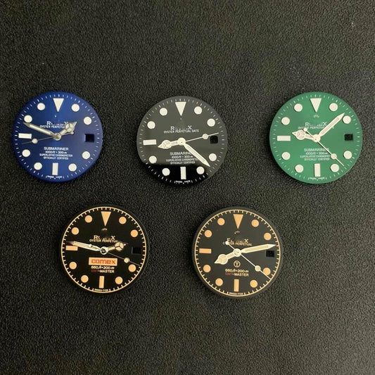 Blue-green luminous RLX watch dial with hands, compatible with 8215/2813/8200 movements for precise timekeeping.