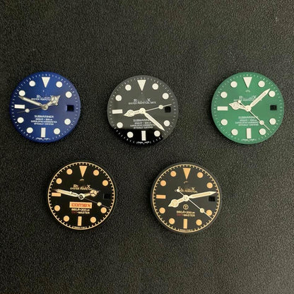 Blue-green luminous watch dial for 8215/2813/8200 with RLX hands, enhancing nighttime visibility and style.