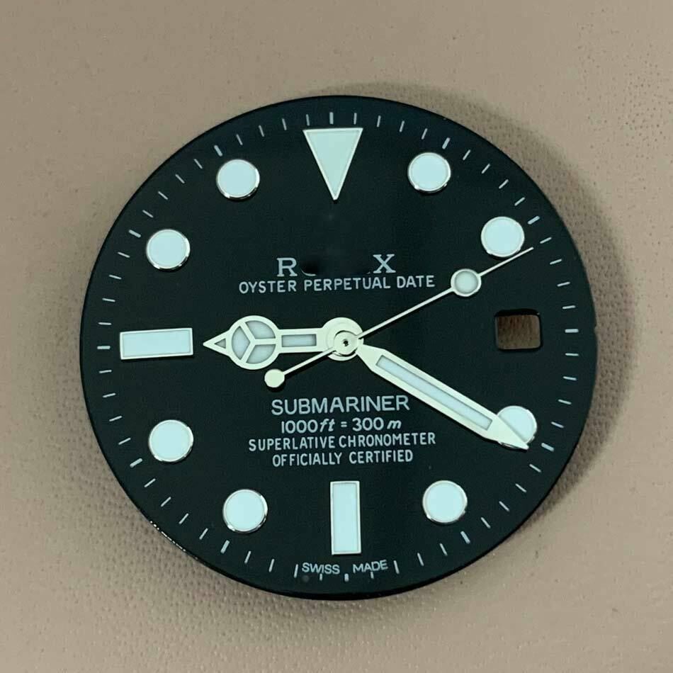 Blue-green luminous RLX watch dial with hands, fits 8215/2813/8200 movements for accurate timekeeping.