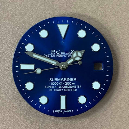 Blue-green luminous RLX watch dial with hands, compatible with 8215/2813/8200 movements for accurate timekeeping.