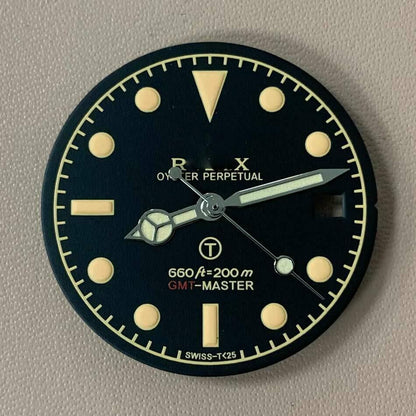 Blue-green luminous RLX watch dial with hands, designed for 8215/2813/8200 movements, ensuring accurate timekeeping.