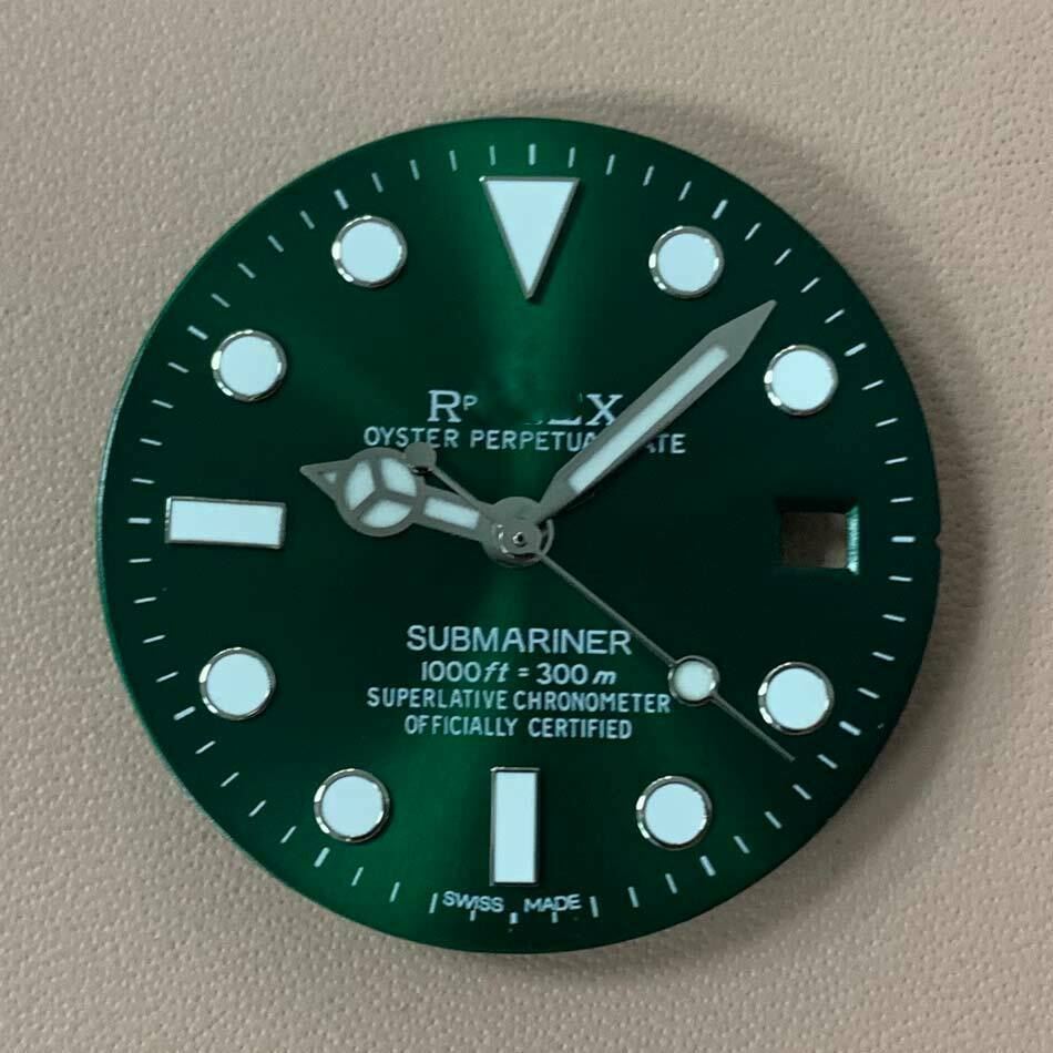 Blue-green luminous RLX watch dial with hands, compatible with 8215/2813/8200 movements for accurate timekeeping.