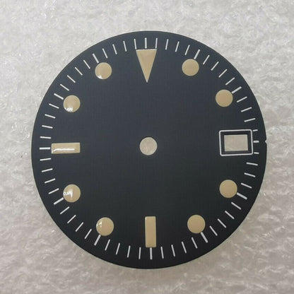 28.50mm Brand New black watch dial, no lume, compatible with NH35/NH36 movement, sleek design.