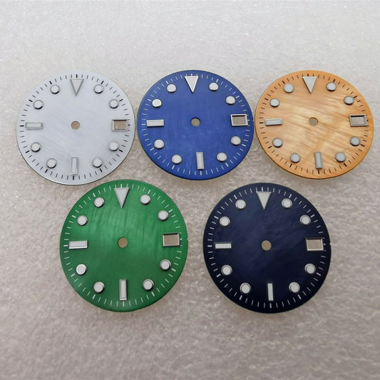 28.50mm green lume shell watch dial for NH35/NH36 movement, perfect for custom watch builds.
