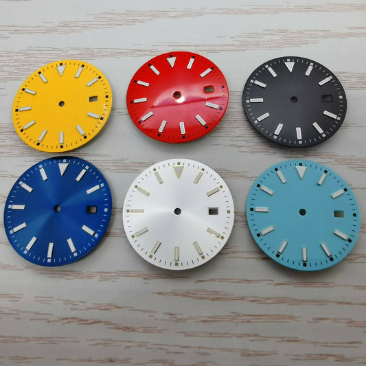 33.50mm multi-color watch dial with blue lume, compatible with NH36 movement, ideal for custom watch builds.