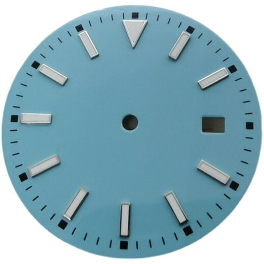 33.50mm multi-color watch dial with blue lume, compatible with NH36 movement, ideal for custom watch builds.