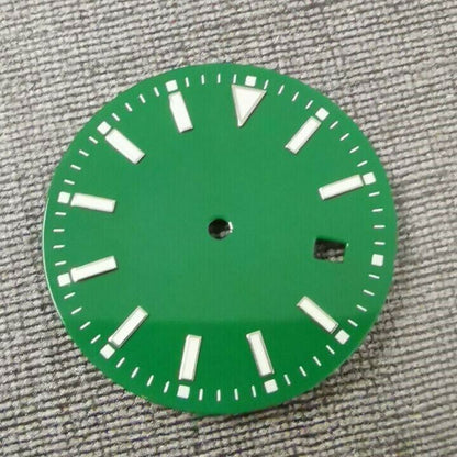 33.50mm multi-color watch dial with blue lume, compatible with NH36 movement, ideal for custom watch builds.