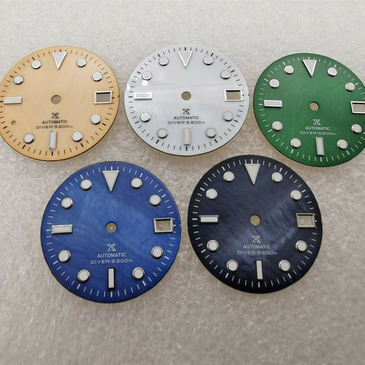 28.50mm Shell watch dial with green lume, compatible with NH35/NH36 movement, premium quality.