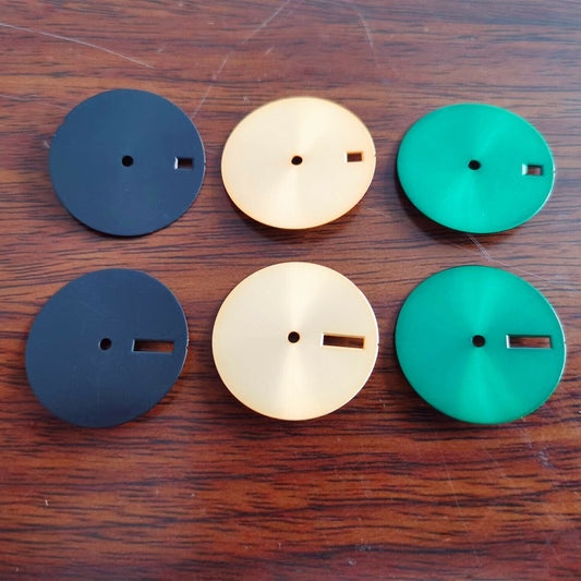 28.5mm pure color watch dial with no lume, compatible with NH35/NH36 movement for sleek watch customization.