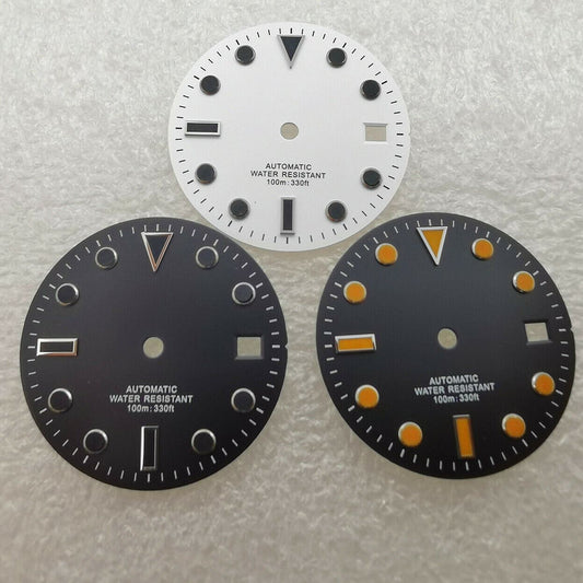 28.5mm SUB watch dial without lume, compatible with NH35 movement, fits 40mm cases, ideal for custom watch builds.