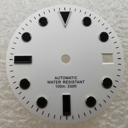 28.5mm SUB watch dial, no lume, fits 40mm cases, compatible with NH35 movement for custom builds.