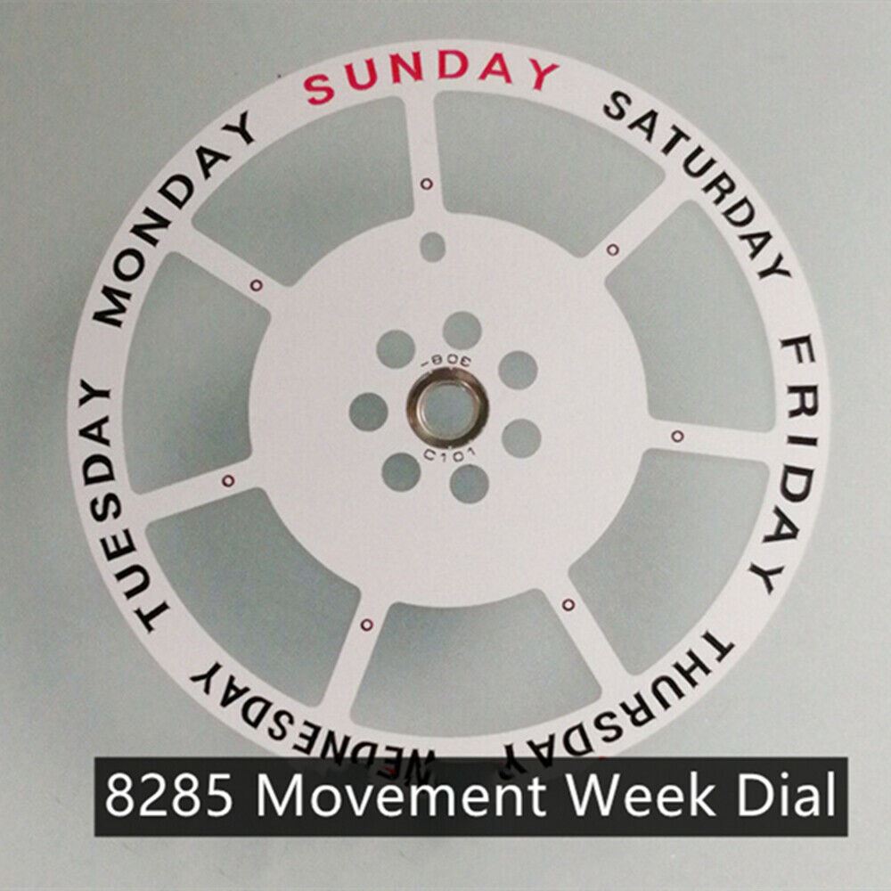 Miyota 8285 watch movement with week and date dial at 12, Japan made by Watchmaker.