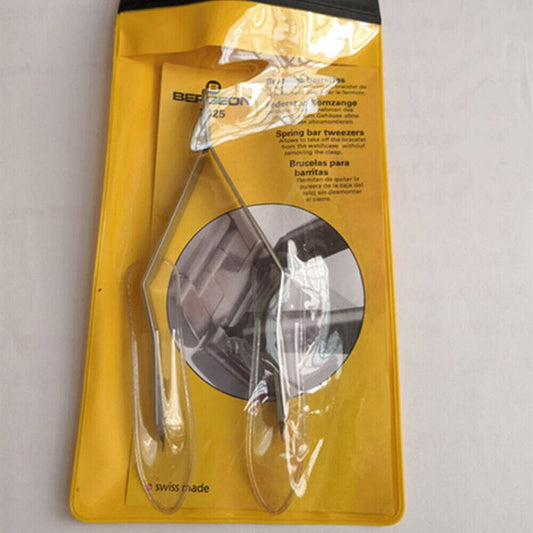 Bergeon 7825 spring bar tweezers for precise watch strap repairs and adjustments.