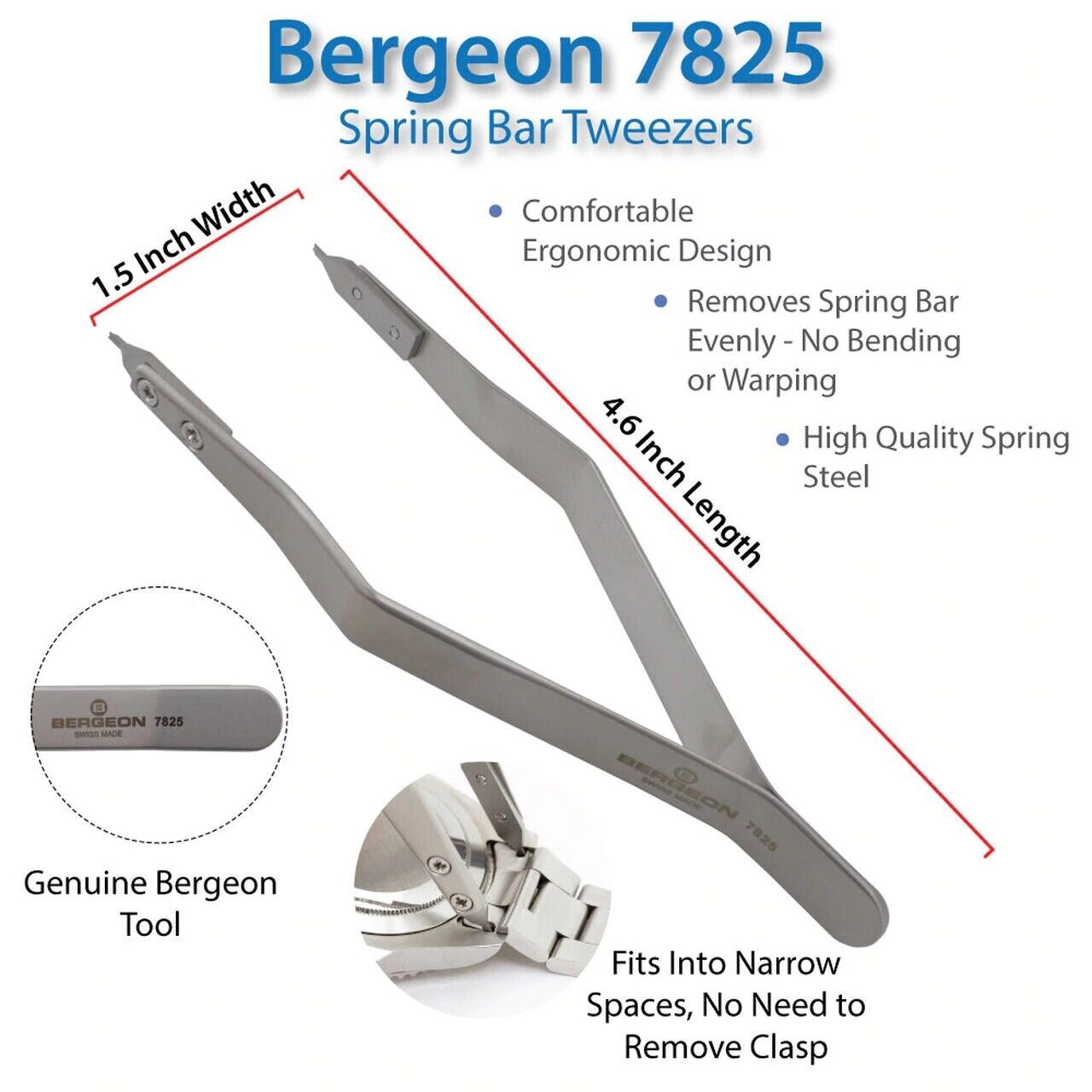 Bergeon 7825 spring bar tweezers for precise watch strap adjustments in professional repairs.