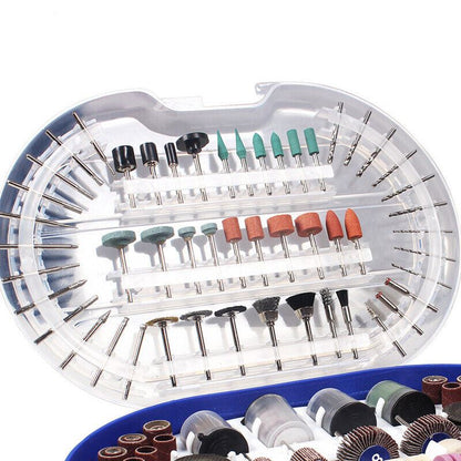 276PCS rotary tool kit with electric grinder, cutting discs, sanding stones, and polishers for detailed crafts.