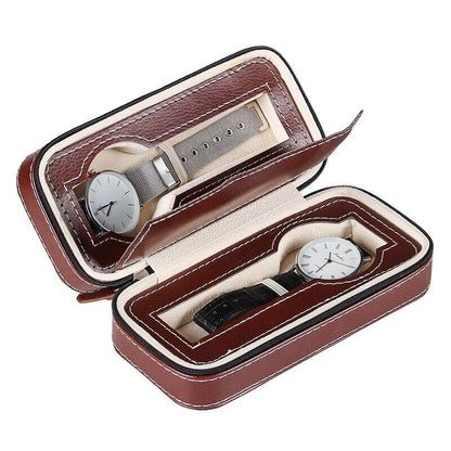 Portable watch storage box with zipper, 2/4/8 grids, ideal for travel and jewelry protection.