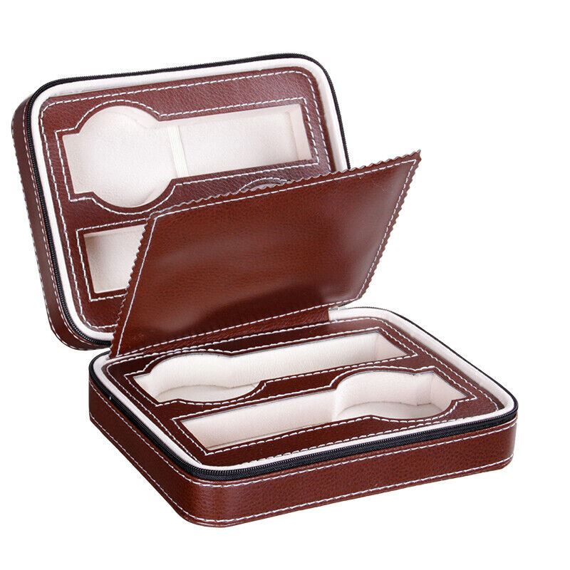 Portable watch storage box with zipper and 4 compartments, ideal for travel and jewelry protection.