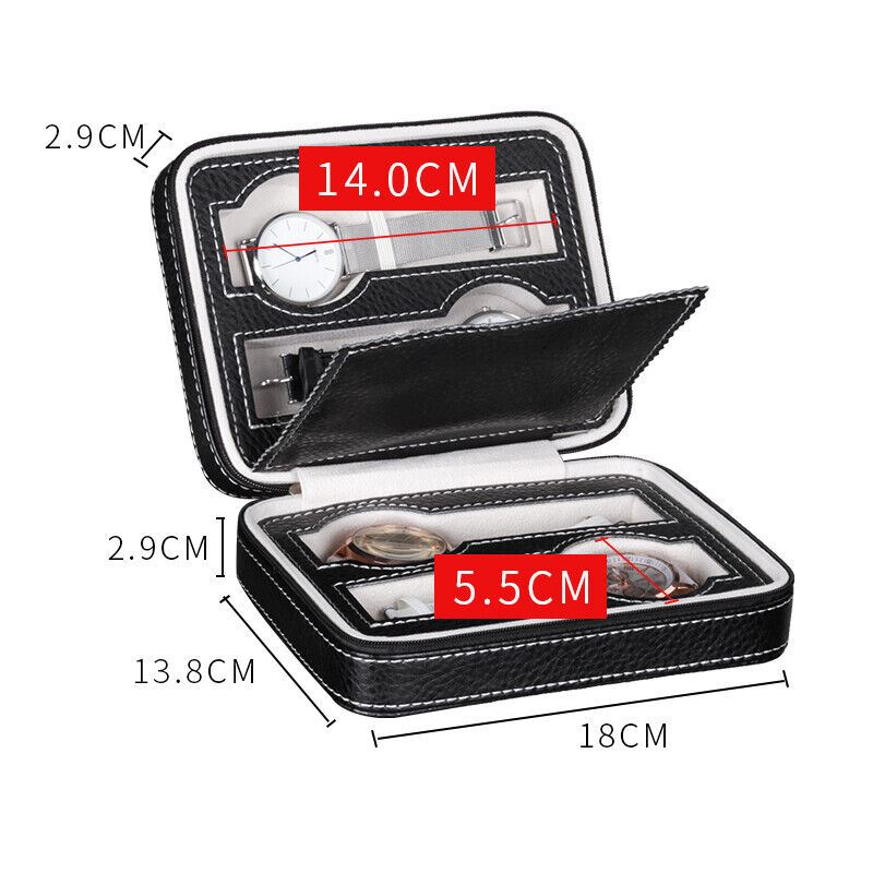 Portable watch storage box with zipper and 2-grid compartments for travel protection.