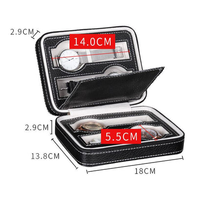 Portable watch storage box with zipper and 2-grid compartments for travel protection.