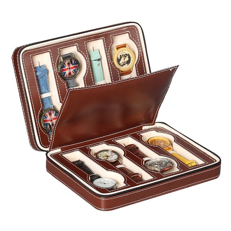 Portable watch storage box with zipper, 2/4/8 grid compartments for travel, protects jewelry - brand name included.