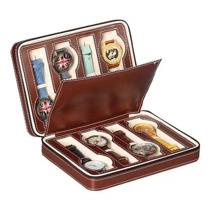 Portable watch storage box with zipper, 2/4/8 grid compartments for travel, protects jewelry - brand name included.