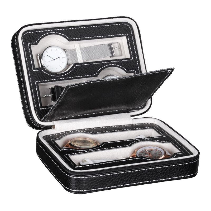 Portable watch storage box with zipper, 2/4/8 grid compartments for travel, protects jewelry - brand name included.