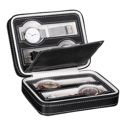 Portable watch storage box with zipper, 2/4/8 grid compartments for travel, protects jewelry - brand name included.