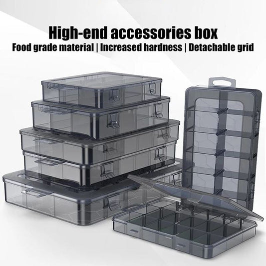 Transparent plastic storage box for tools, screws, and jewelry parts, durable and organized.