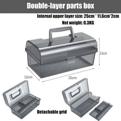 Clear plastic storage box, perfect for organizing tools and jewelry parts efficiently.