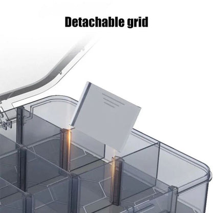 Clear plastic storage box for organizing tools and jewelry parts, perfect for small item storage.