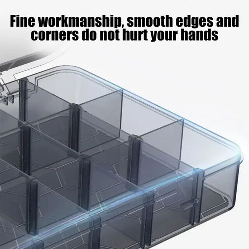 Clear plastic storage box, perfect for organizing tools and jewelry parts neatly.