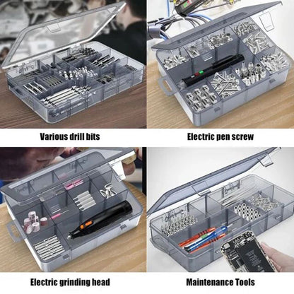 Clear plastic storage box, perfect for organizing tools and jewelry parts efficiently.