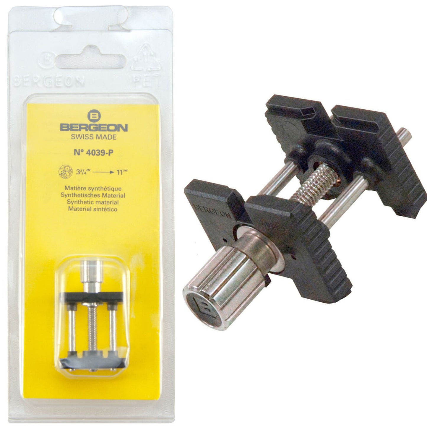Bergeon 4039-P synthetic movement holder for 3 3/4'' to 11'' watches, secure and reversible repair tool.