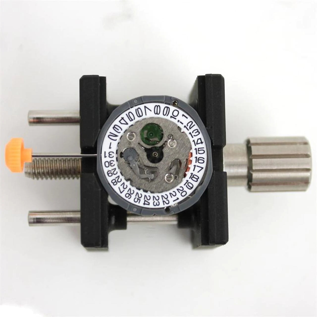 Bergeon 4039-P synthetic movement holder securing 3 3/4'' to 11'' watch movements for precise repairs.