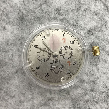 Asian 7750 automatic chronograph movement by ETA with subdials at 3, 6, and 9 o?clock, precise watch mechanism.