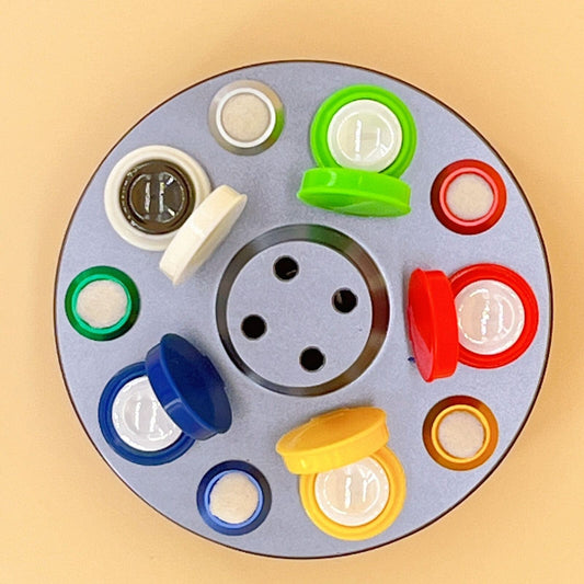 Rotated oil cup stand with 5 containers in die-cast alloy for precise watch repair.